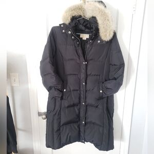 Micheal Kors Black Fur Hooded Down Midi Coat XL
